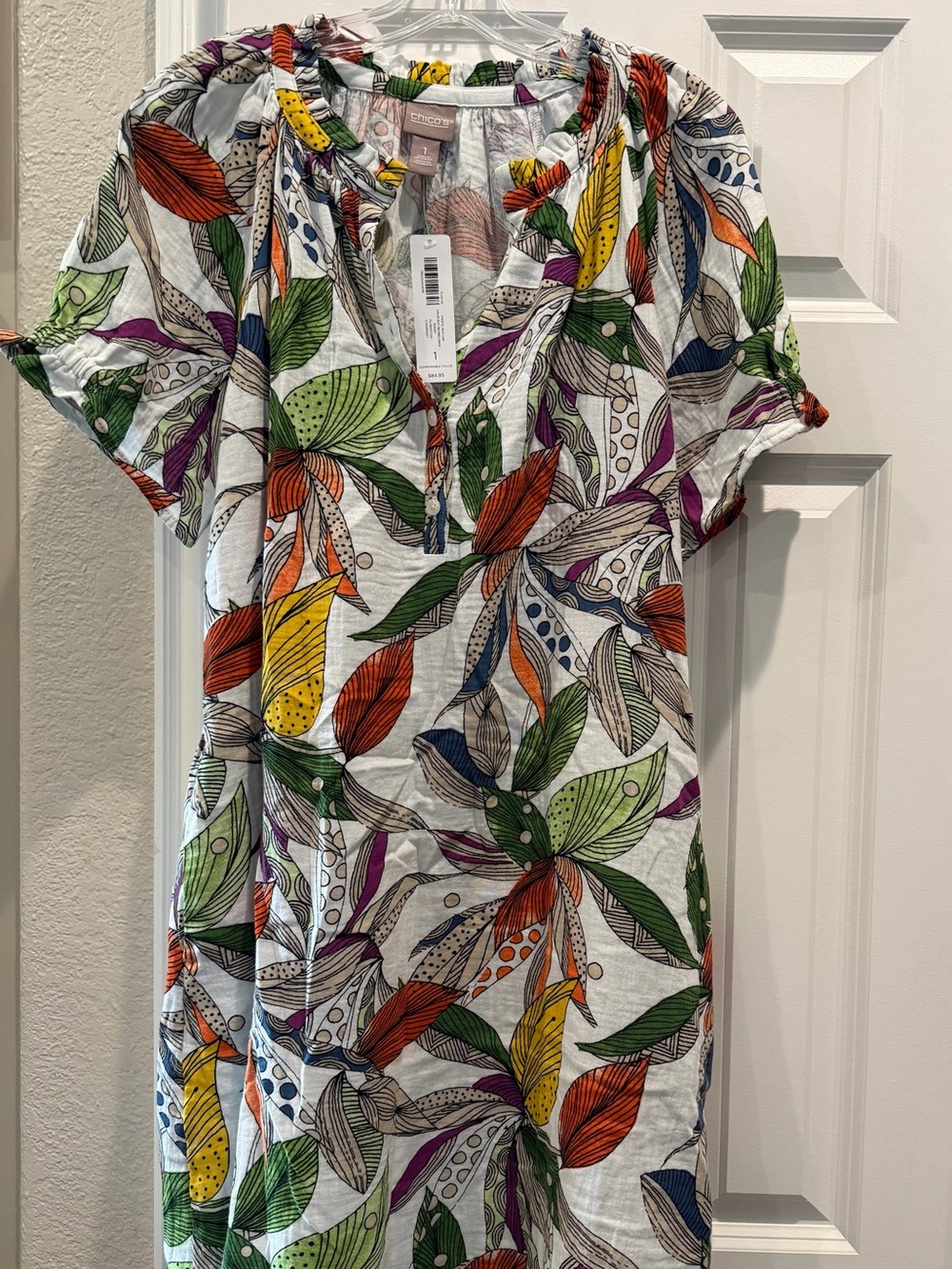 Chico’s Colorful Leaf Print Short Sleeve Tunic Dress, Size 1